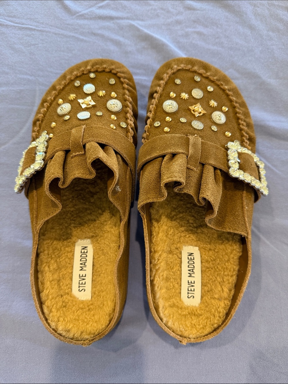 Steve Madden Brown Suede Studded Ruffle Mules with Jeweled Buckle